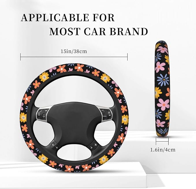 Vintage Daisy Neoprene Steering Wheel Cover Anti-Slip Elastic Flower Floral Steering Wheel Protective Cover 15in Universal Car Accessories Fit Cars, SUVs, Auto