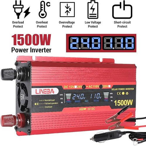 1500 Watt Power Inverter with LED Display,Dual AC Outlets,USB Port, 24V DC to 110V AC Converter Car Power Inverter for Vehicles, Car, RV, Truck, Off Grid Solar System, Outdoor Camping