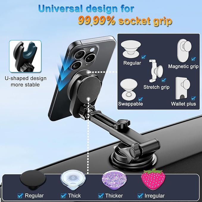for Pop Socket Car Mount, Suction Cup Socket Grip Holder for Car with Strong 3M Sticky Adhesive, Dashboard Windshield Car Phone Holder Works for Popsocket, Fits All Smartphones with Pop Grip