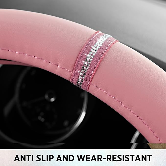 Leopard Steering Wheel Cover for Women, Cute Anti-Slip Microfiber Leather, Fits D Shape Flat Bottom Steering Wheel 14.5-15 Inch - Pink and Pink Leapoard
