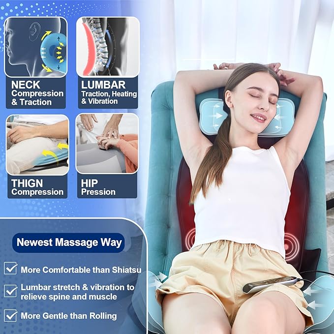 Back Massager with Heat and Traction, Foldable Massage Seat Pad with Vibration, Adjustable Neck and Waist Support, PU Leather Massage Cushion for Home, Office, Sofa, Bed and Gift Use