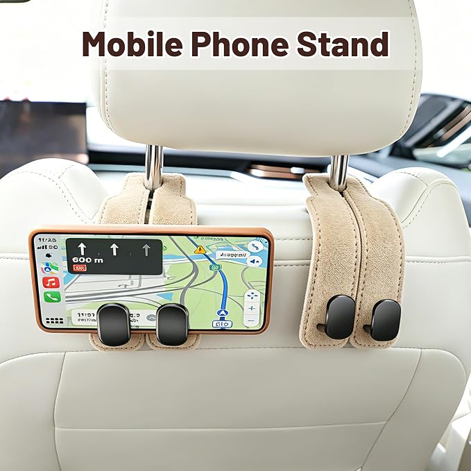 SUKIPIN Car Hooks, Car Seat Headrest Hooks for Purses and Bags 2-Pack Beige | Car Accessories for Women, Solid Durable Construction, Quick Tool-free Mounting, Universal Fit for Most Vehicle Headrests