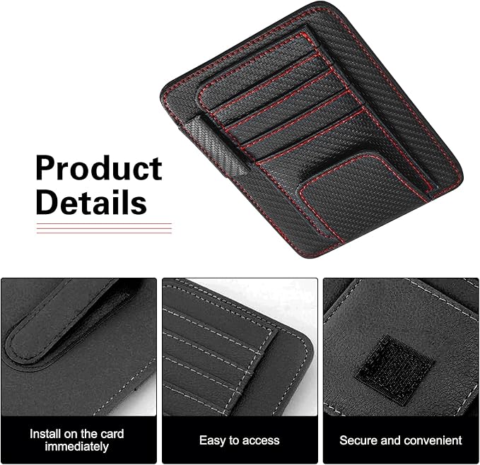 Car Sun Visor Organizer, Premium Leather Sun Visor Sunglass Holder with Card Holders & Pen Clip Slot, Universal Car Interior Organizer for Driving License, Card, Pen (Black & Red)