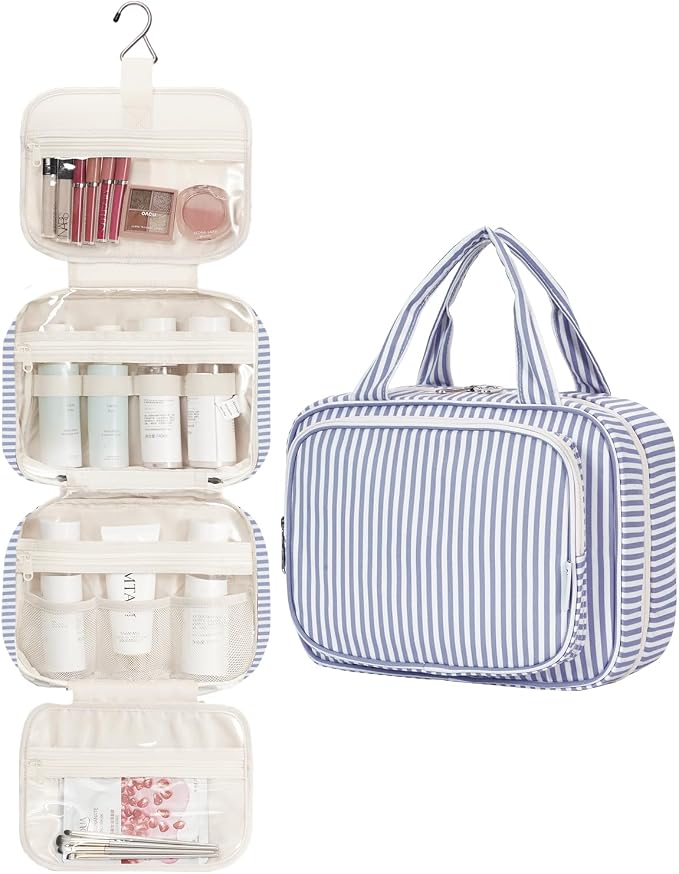 Striped Hanging Toiletry Bag for Women Travel Makeup Bag Organizer Toiletries Bag for Travel Size Essentials Accessories Cosmetics (Greyish Blue Stripe (Medium))