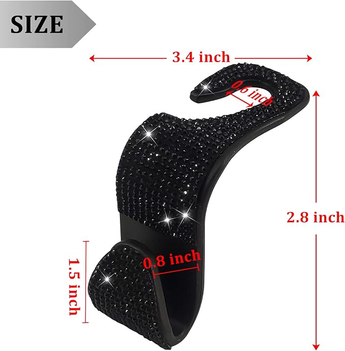 2 Pack Car Hooks, 2021 New Bling Rhinestones Crystal Hooks Car Decorations Auto Seat Back Organizers Strong and Durable Backseat Hanger Storage Universal for SUV Truck Vehicle (Black)