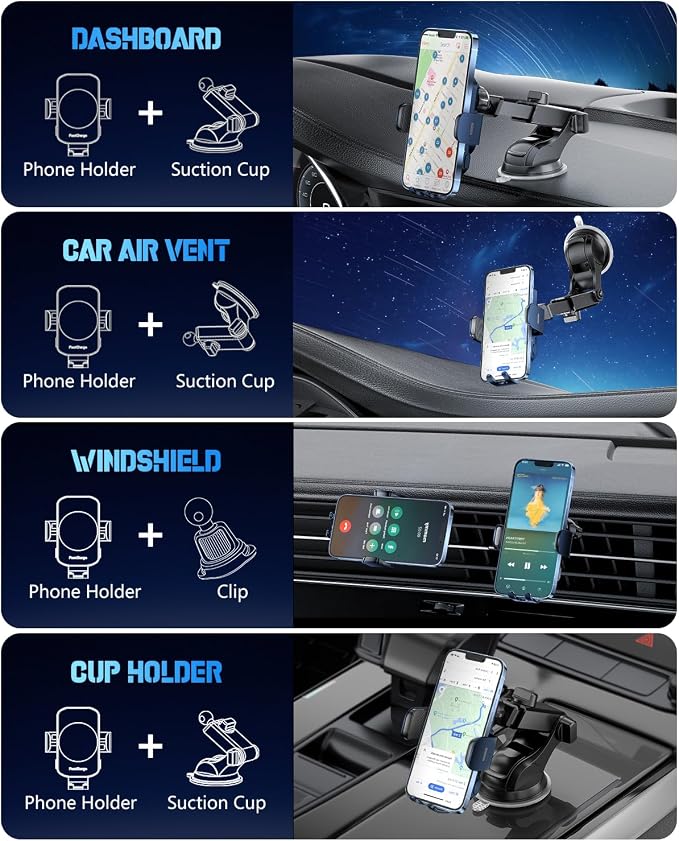 3-in-1 Wireless Car Charger Mount, 15W Fast Charging Auto-Clamping Phone Holder for iPhone 17 16 15 14, Samsung Galaxy S24 S23, Dashboard, Vent & Windshield Car Mount(Deep Blue)