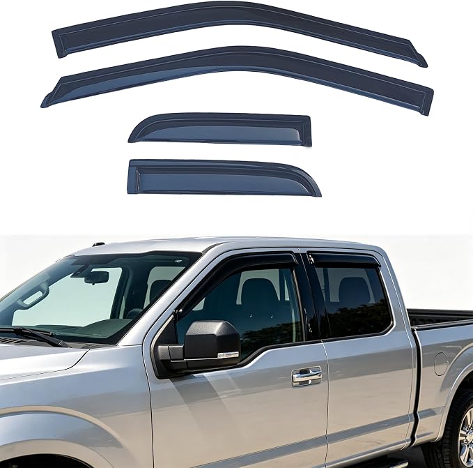 Window Rain Guards for 2015-2025 Ford F150 Extended Cab/SuperCab | Out-Channel Side Window Wind Deflectors for 2017-2025 Ford F150 Raptor/F250/F350/F450 Super Duty,Vent Visors,4pcs