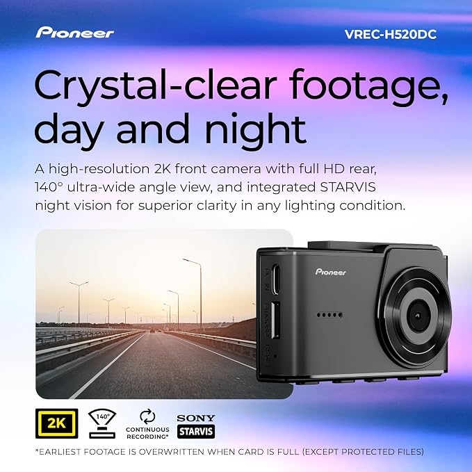 VREC-H520DC Dual Dash Cam Front and Rear Car Camera - Large Screen, 2K Resolution, Starvis Night Vision, 140 Degree Wide Lens, ADAS Safety Alerts, Built In GPS, Impact Detection, 24/7 Coverage
