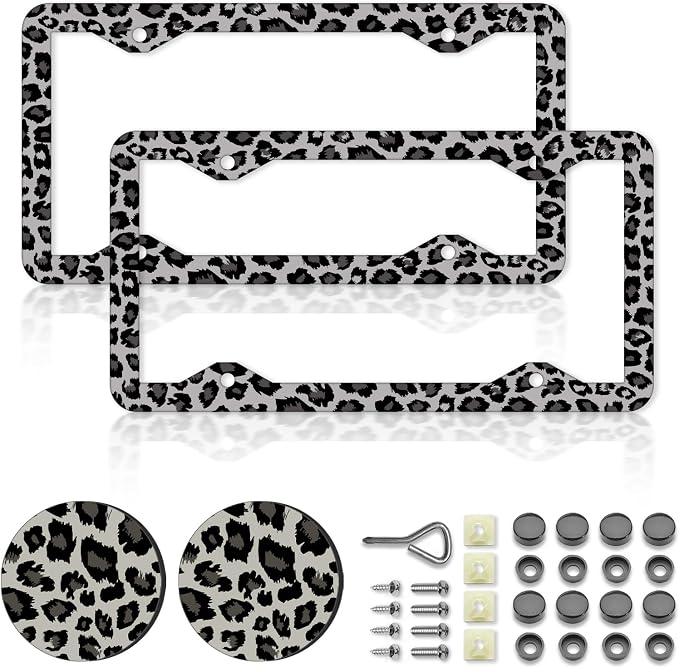Black Gray Leopard Print License Plate Frames，Cheetah Print Car Accessories for Women and Men ，Cute Aluminum License Plate Frame Fits Standard US Vehicles Size 12.2 x 6 Inch (Gray-Leopard Print)