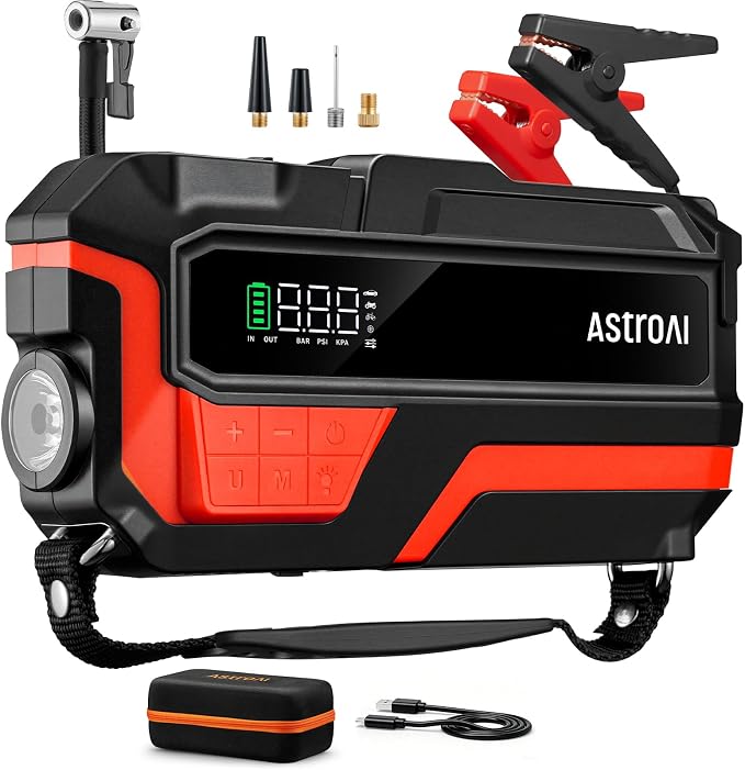M10 6000A 150PSI Car Jump Starter with Air Compressor - 12V Portable Battery Booster (All Gas/12.0L Diesel), Smart Tire Inflator, Heavy-Duty Jumper Cables, Power Bank, LED Light, Storage Case