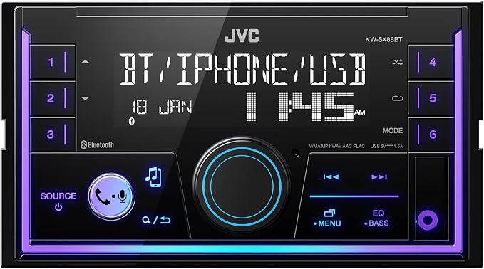 KW-SX88BT Bluetooth Double DIN Car Stereo, 200W Digital Stereo Receiver, AM/FM Radio, Dual Phone Connection, 13-Band EQ, 1.5A USB & AUX Inputs, Custom Color Illumination, Shallow Chassis