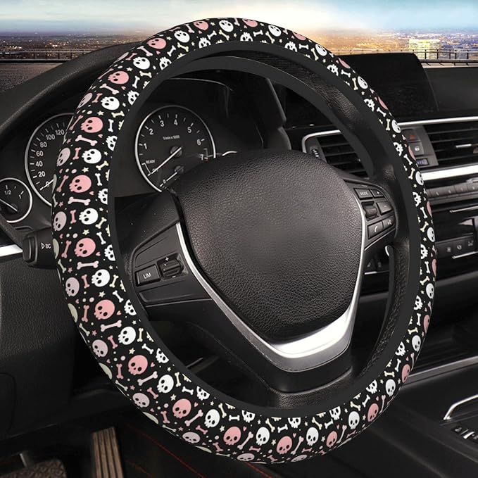 Universal 15 Inch Steering Wheel Cover, Pink & White Skull Pattern Non-Slip Neoprene Auto Car Wrap, Breathable & Durable Interior Protector for Most Vehicles, Cars, SUVs, and Trucks