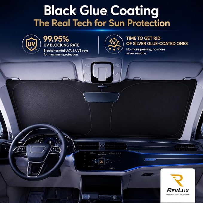 [2026 Upgrade] RevLux Car Windshield Sun Shade | Keeps Car Cooler, Sun & Heat Protection | Double Thickened Ice-Core Cooling Fabric | Zero Light Leakage | Foldable Sunshade (SUV/Truck - 59"x33")