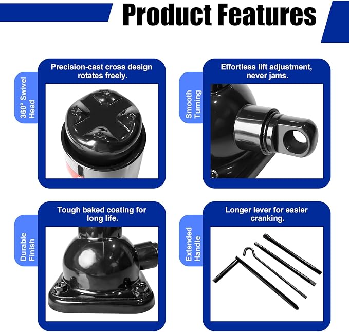 2 Ton Spiral Car Jack with Telescoping Handle - Swivel Top Mechanical Bottle Jack, 7.08"-15.35" Lift, Compact Fit for Toyota/Chevy Trucks