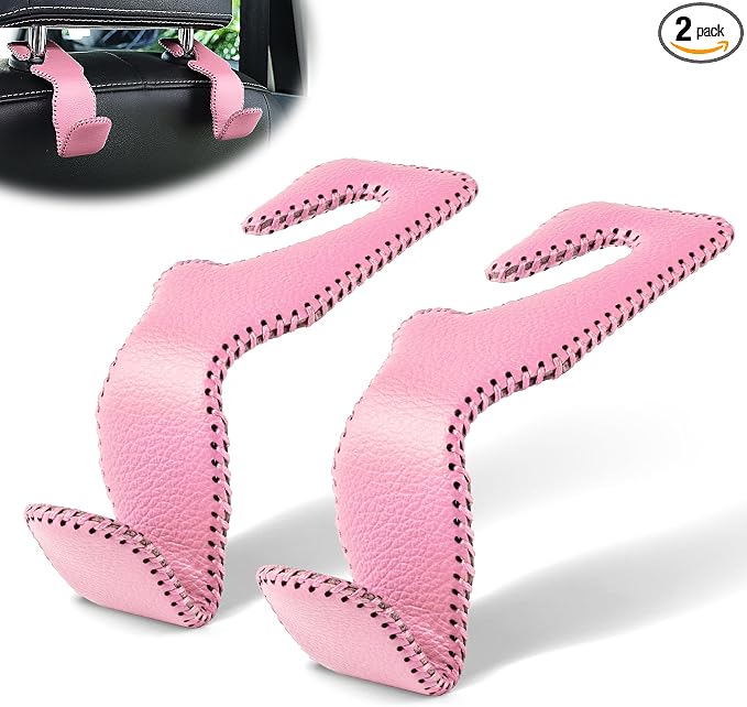 Headrest Hook for Car, Back Seat Organizer Pink Leather Hanger Holder Hook, Interior Car Accessories for Hanging Purses Bags Coats, 2 Pack