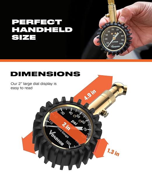 Tire Pressure Gauge (0-100 PSI) Certified ANSI Accurate with Large 2 Inch Easy to Read Glow Dial, Low - High Air Pressure Gauge. Tire Gauge for Car and Trucks Tires