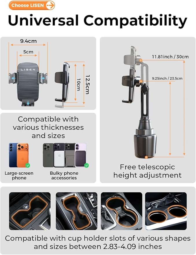 Upgraded Version Cup Holder Phone Holder 360° Adjustable Long Neck Car Phone Mount Golf Cart Phone Holder, Truck Jeep Accessories for iPhone 17 Air Pro Samsung Google and All 4-7'' Phone