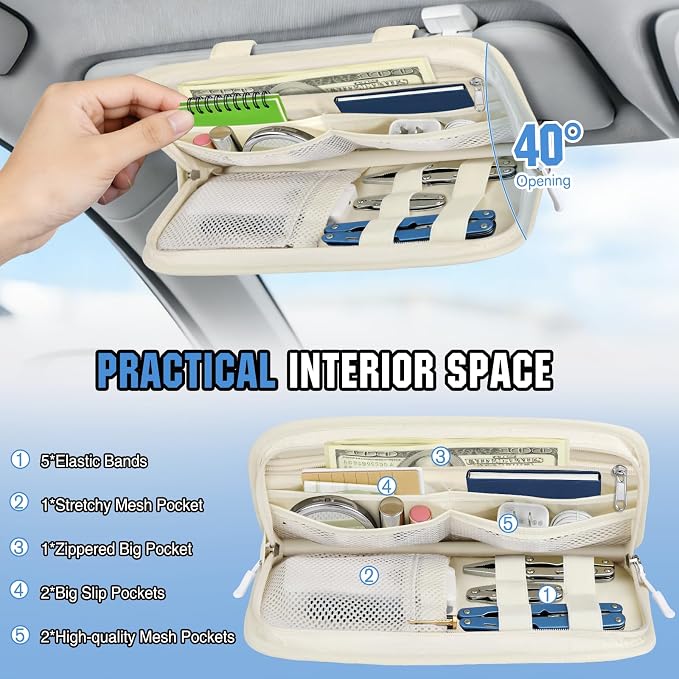 Car Sun Visor Organizer, Tactical Car Accessories with Zipper Storage Pouch, Glasses Clip Card Sleeve Pocket, Multi-Pocket Visor Organizer Fits Most Cars, SUVs, Trucks