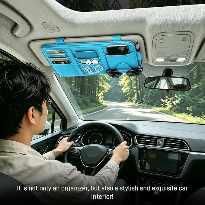 Car Sun Visor Organizer, Truck Visor Organizer, Leather Multi-Pocket Auto Visor Storage Pocket Pouch Holder with Zipper, Auto Accessories Storage Bag for Driving License Card Pen (Sky Blue)