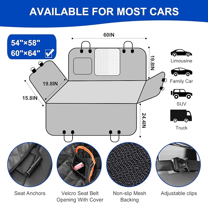 Dog Car Seat Cover for Back Seat 600D Scratchproof Nonslip Durable Waterproof Cars Pet Backseat Covers with Mesh Window Dogs Hammock for Car，SUV, Truck (60" W x 64" L)