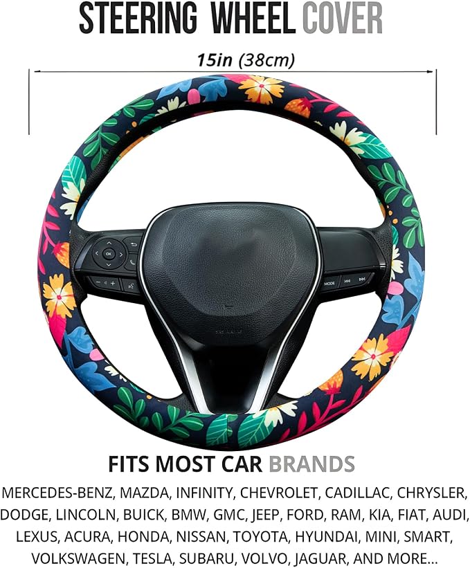 Strawberry Colorful Floral Steering Wheel Cover Auto Steering Wheel Protector, Anti-Slip, Breathable, Absorbing Sweat, Universal Floral Car Accessories 14.5–15 inch