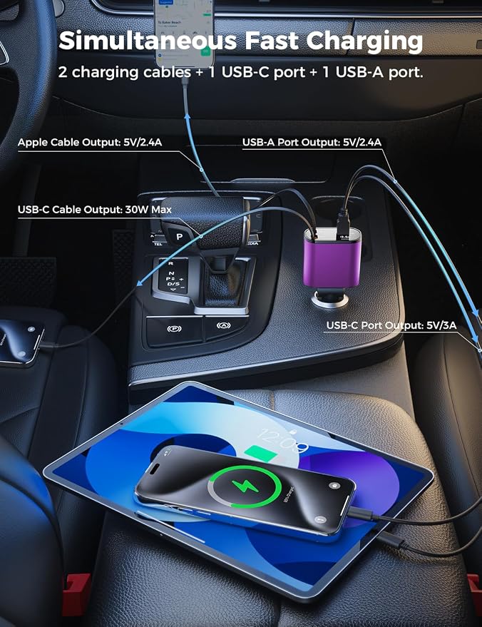 【Upgraded】 Retractable Car Charger 4 in 1, Fast Car Phone Charger with Cord 2.6ft, USB C and Apple Car Charger Adapter, Compatible with iPhone 17/16/15/15 Pro Max/14/13/12/11, Galaxy, Pixel