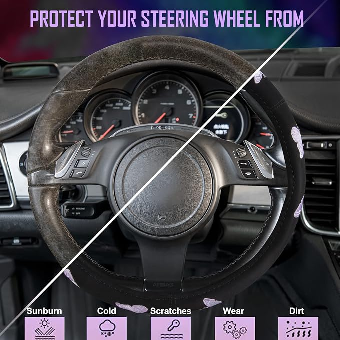 Purple Embroidery Butterfly Steering Wheel Cover, Universal 15 Inch Car Wheel Cover for Women Girls, Fit for Suvs,Small Trucks,Sedans,Cars (Black and Purple)