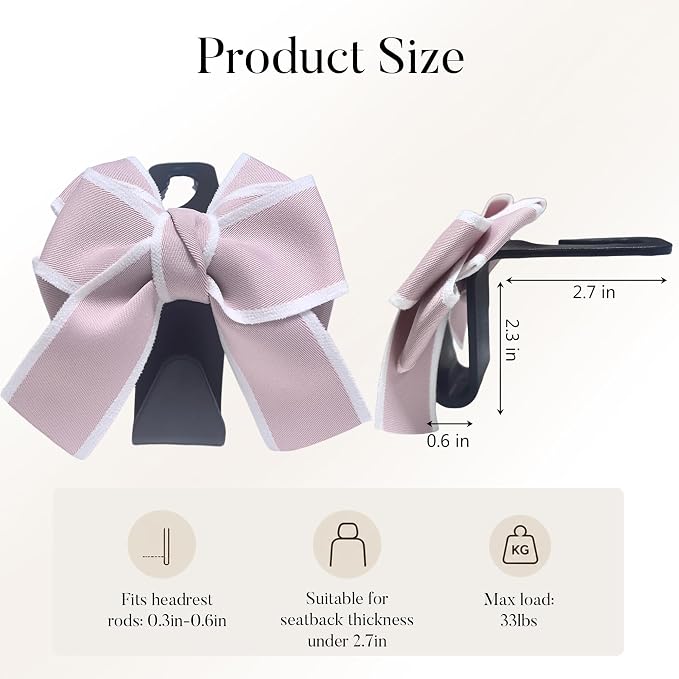 2 Pack Car Purse Hooks, Cute Bow Car Seat Headrest Hook Hanger for Purses and Bags, Space-Saving Car Accessory(pink)