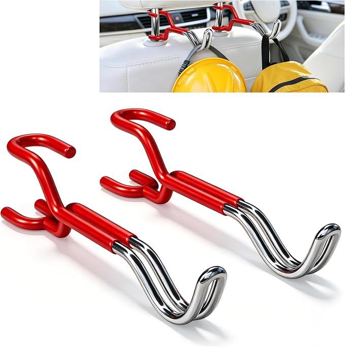 2-Pack 100LBS Hard Hat Holder, Red Silicone Metal Headrest Hooks | Non-slip,Good load-bearing structure, Universal Car Seat Back Organizer for Truck SUV Sedan, Multipurpose Storage