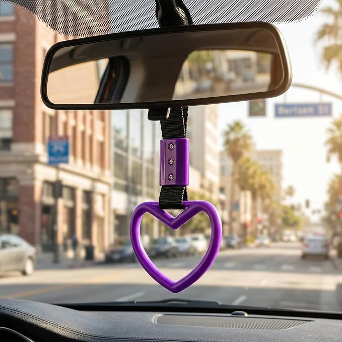 2 Pcs Heart Shaped Car Handle Strap – JD M Drift Charm Rear Bumper Warning Ring Decor for Car Interior Exterior, Subway Bus Handle Accessory, Cute Heart Car Decor Gift for Drivers (Purple)