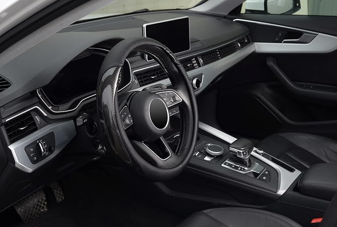 Carbon Fiber Steering Wheel Cover, Universal 15 inch, Anti-Slip, Odorless,Black