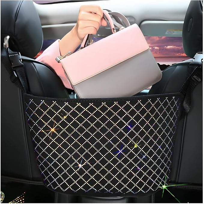 Bling Car Net Pocket Handbag Holder, Rhinestone Vehicle Backseat Purse Organizer Between Seats, Diamond Hanging Storage Bag Barrier of Pet Kids, Universal Automotive Accessories (Multicolor)