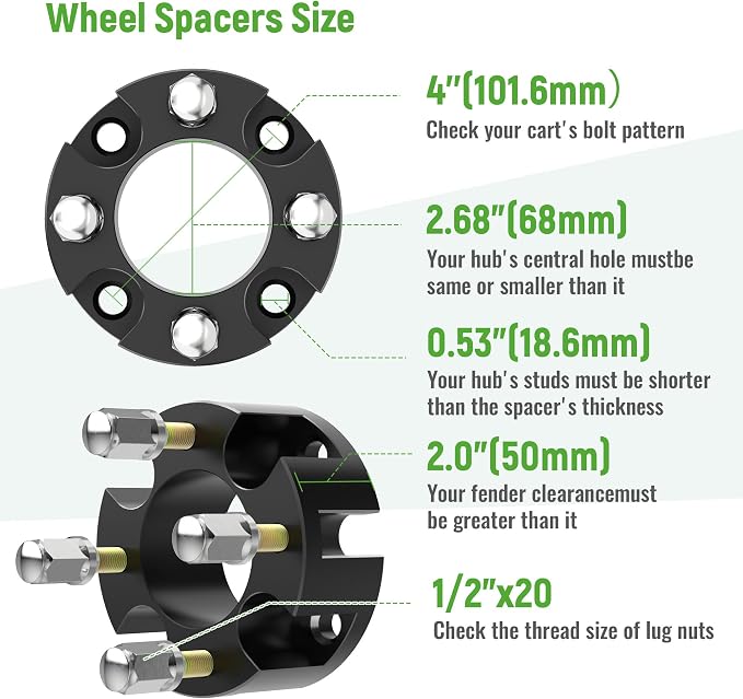2 Inch Golf Cart Wheel Spacers Kit with Lug Nuts Fits for Yamaha Club Car EZGO ATV, 4X4(101.6mm) Bolt Pattern, 2.68''(68mm) Hub Bore, 1/2-20 Studs (4 Pack),Black