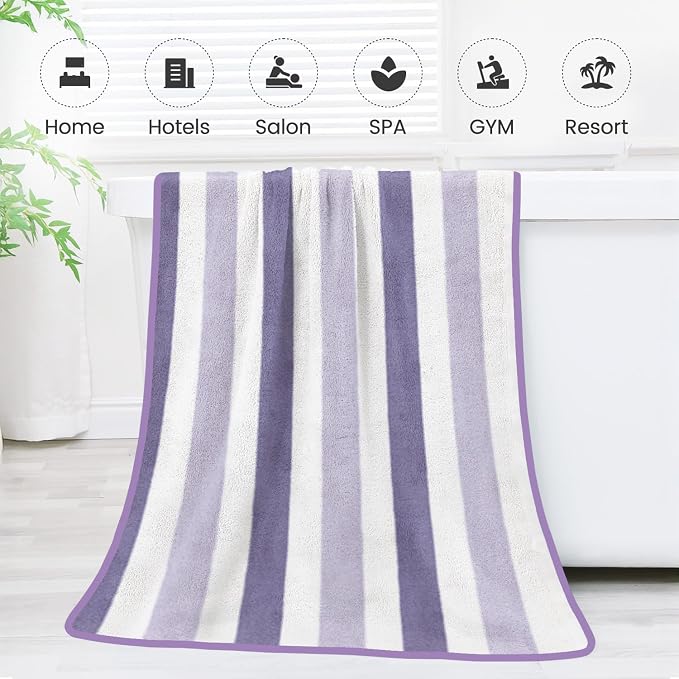 Microfiber Bath Towels, Bath Towel 2 Pack 30" x 60", Oversized, Soft, Super Absorbent and Fast Drying, Multipurpose Bathroom Towel Set for Sport, Fitness, Yoga, Coral Fleece Stripe Purple