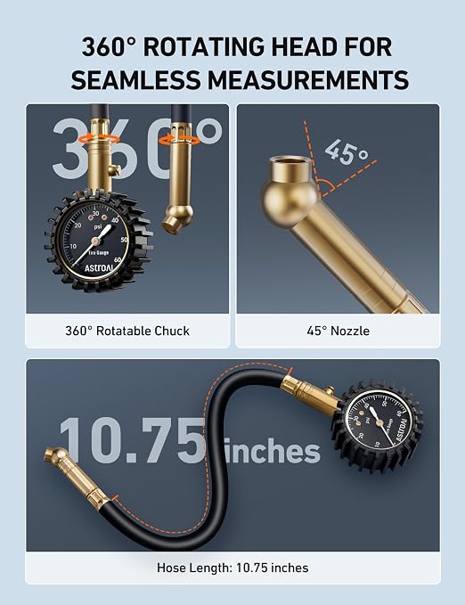 Tire Pressure Gauge for Cars with Large 2" Dial, Solid Brass with Rubber Hose, Air Bleeder Valve, ANSI B40.1, 0-60PSI