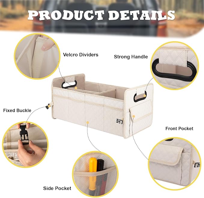 Car Trunk Organizer for SUV, Car Storage Organizer Collapsible Multi Compartment Container Box Adjustable Car Accessories for Women Men, Beige