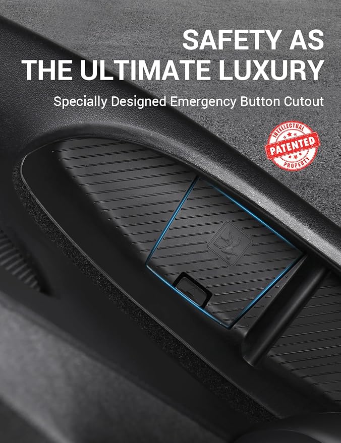 2024-2020 Tesla Model Y Door Side Storage Box with Emergency Button Cutout, Door Organizer Pocket Liners, Waterproof TPE Front & Rear Side Tray Protector Liner Set of 4