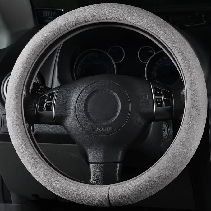 Car Steering Wheel Cover,14.5-15 Inch Gray Faux Suede Universal Memory Foam Auto Steering Wheel Covers Breathable Anti-Slip Odorless Steering Wheels Accessories for Men Women