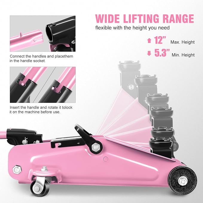 DNA Motoring 1.5 Ton Car Floor Jack Low Profile Hydraulic Trolley Service/Floor Jack, 1.5T / 3000 lbs Capacity, Lifting Range 5.3 Inch -12 Inch, with Storage Case, Pink, TOOLS-00327-PK