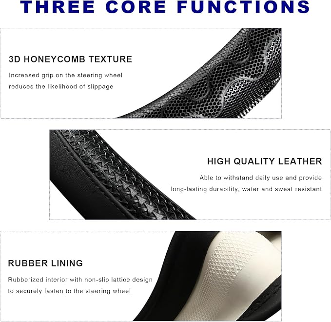 D-Shaped Steering Wheel Cover, Leather Car Wheel Protector with 3D Honeycomb Anti-Slip Design, Universal Breathable Comfy Cover Fits 14.5-15 Inch Steering Wheels, Car Accessories (Black)