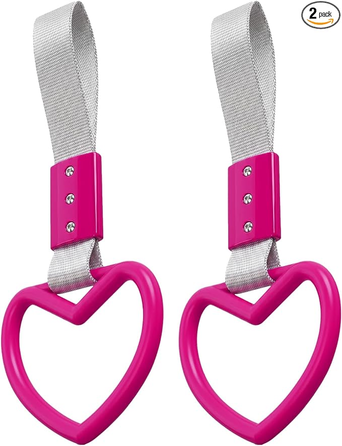 2PCS Heart Shaped Car Handle Straps, Rear Bumper Warning Keychain Ring for Car Exterior Accessories (Hot Pink-Silver)