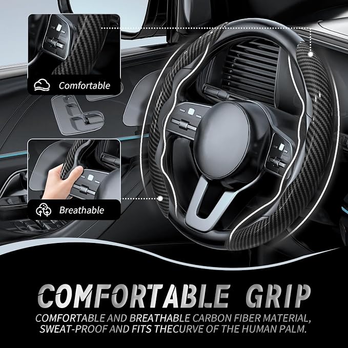 2pcs Car Steering Wheel Cover,Anti-Skid Carbon Fiber Steering Wheel Protector for Men Women,Multiple Color Options,Universal for Most Car Interiors Accessories (Bright Black)