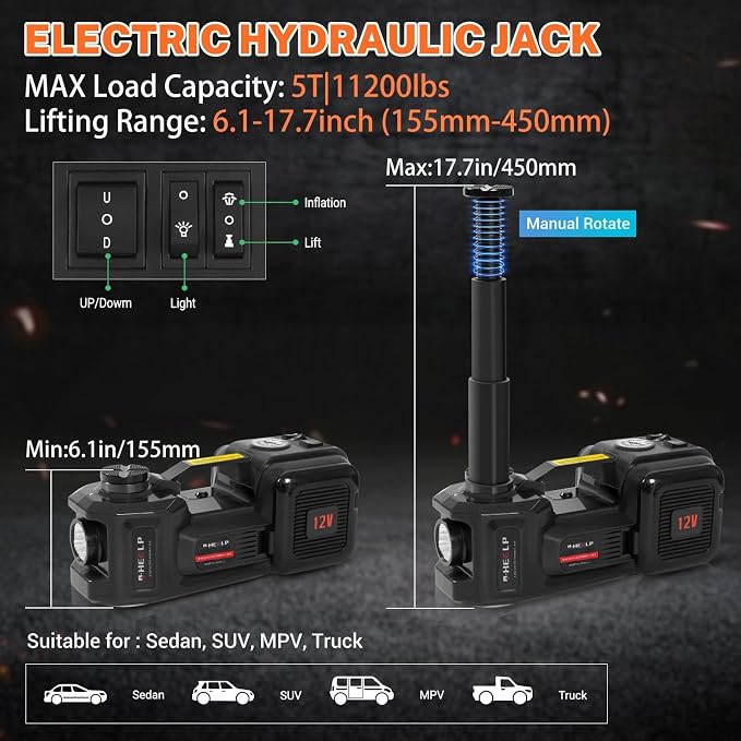 Electric Car Jack Kit 5Ton 12V Hydraulic Car Jack Lift (Lifting Range: 6.1~17.7 inch) with Electric Impact Wrench for SUV MPV Sedan Truck Change Tires Garage Repair