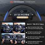Coverado Car Steering Wheel Cover, Nappa Leather Black & Blue Steering Wheel Covers for Women, Universal 14-15 inch, Anti-Slip, Breathable Steering Wheel Protector