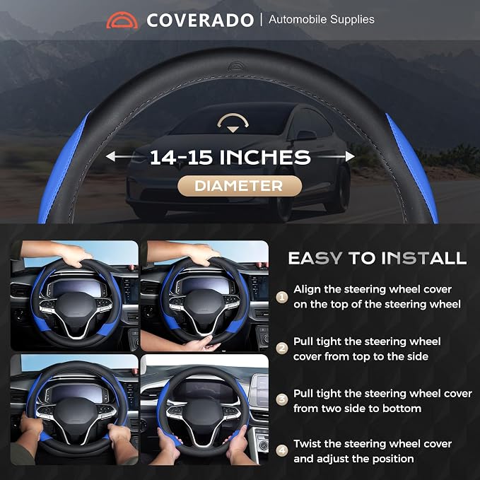 Coverado Car Steering Wheel Cover, Nappa Leather Black & Blue Steering Wheel Covers for Women, Universal 14-15 inch, Anti-Slip, Breathable Steering Wheel Protector