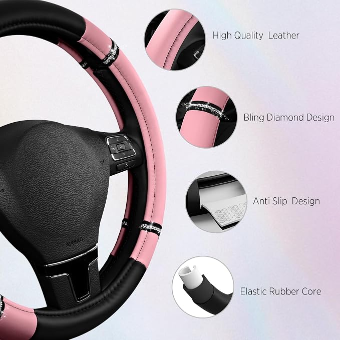 Road Comfort Leather Steering Wheel Cover – Premium Anti-Slip Car Steering Wheel Grip Cover – Universal Fit for 14.5”–15” Cars, Trucks & SUVs - Pink