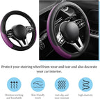Car Steering Wheel Cover, 15 Inch Anti-Slip Stretch Leather Steering Wheel Protector, Comfortable Breathable Sporty Steering Wheel Cover for Women Men, Car Accessories (Black & Purple, AD)