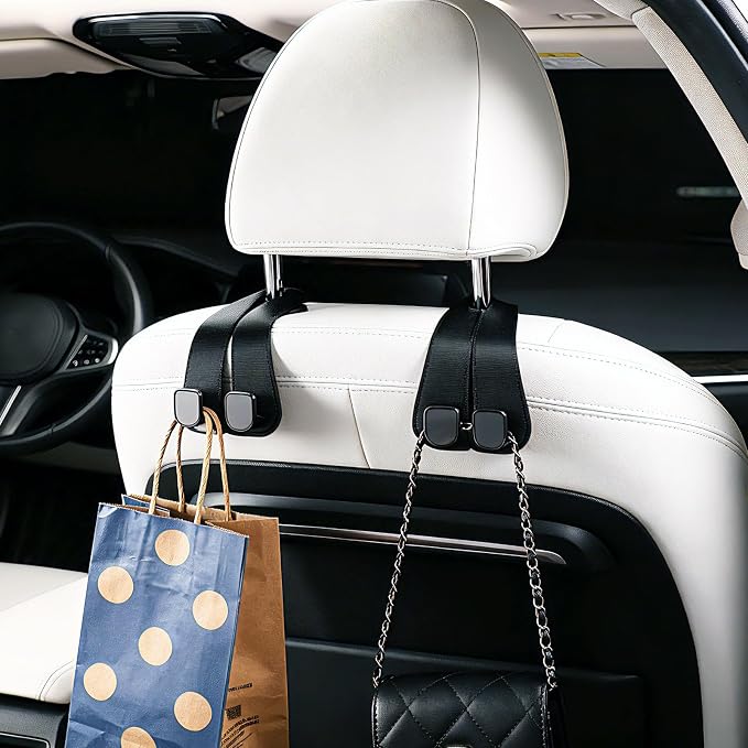 2 Pack Car Headrest Hooks for Purses and Bags Cute Leather Car Seat Back Head Rest Double Hooks for Bags Cute Pink Beige Car Accessories Headrest Back Seat Handbags Hook (Black 2 Pack)