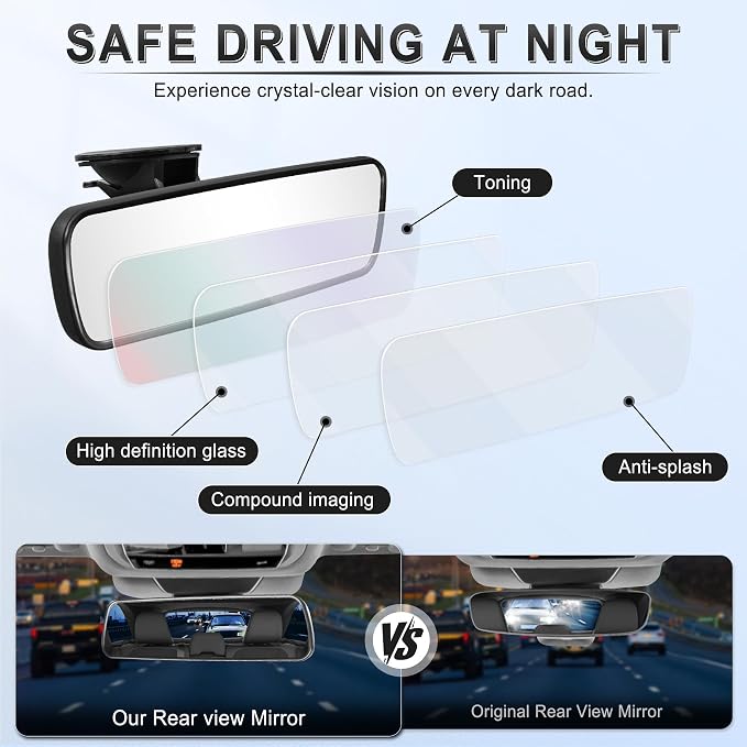 Anti Glare Rear View Mirror, Universal 9.5' (241mm) Wide Angle Panoramic Convex Rearview Mirror with Strong Suction Cup, Mounts on Windshield to Reduce Blind Spots for Cars SUV Trucks