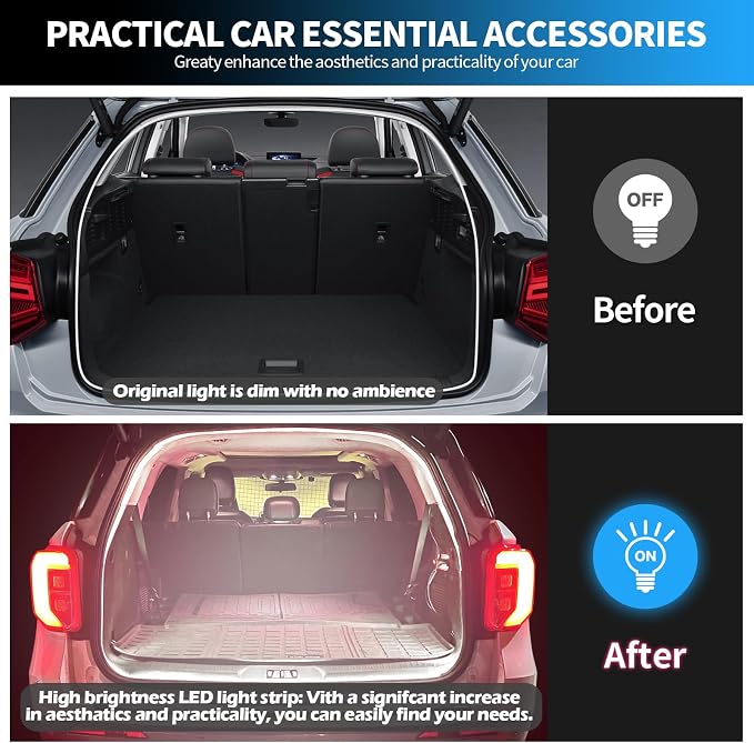 Car LED Strip Lights - Trunk Cargo Ambient Lighting, White 6000K, 177.16 inches Flexible Cuttable LED Light Strip, Easy Install, Waterproof, Universal Fit for Car Trunks, SUVs, and Vans